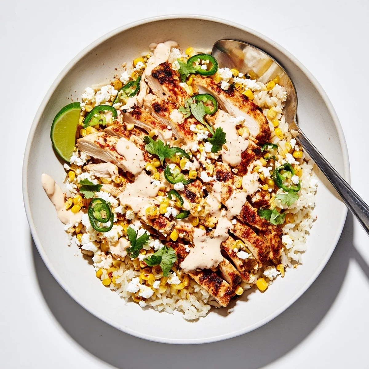 Juicy grilled chicken over rice in a street corn chicken rice bowl drizzled with creamy sauce