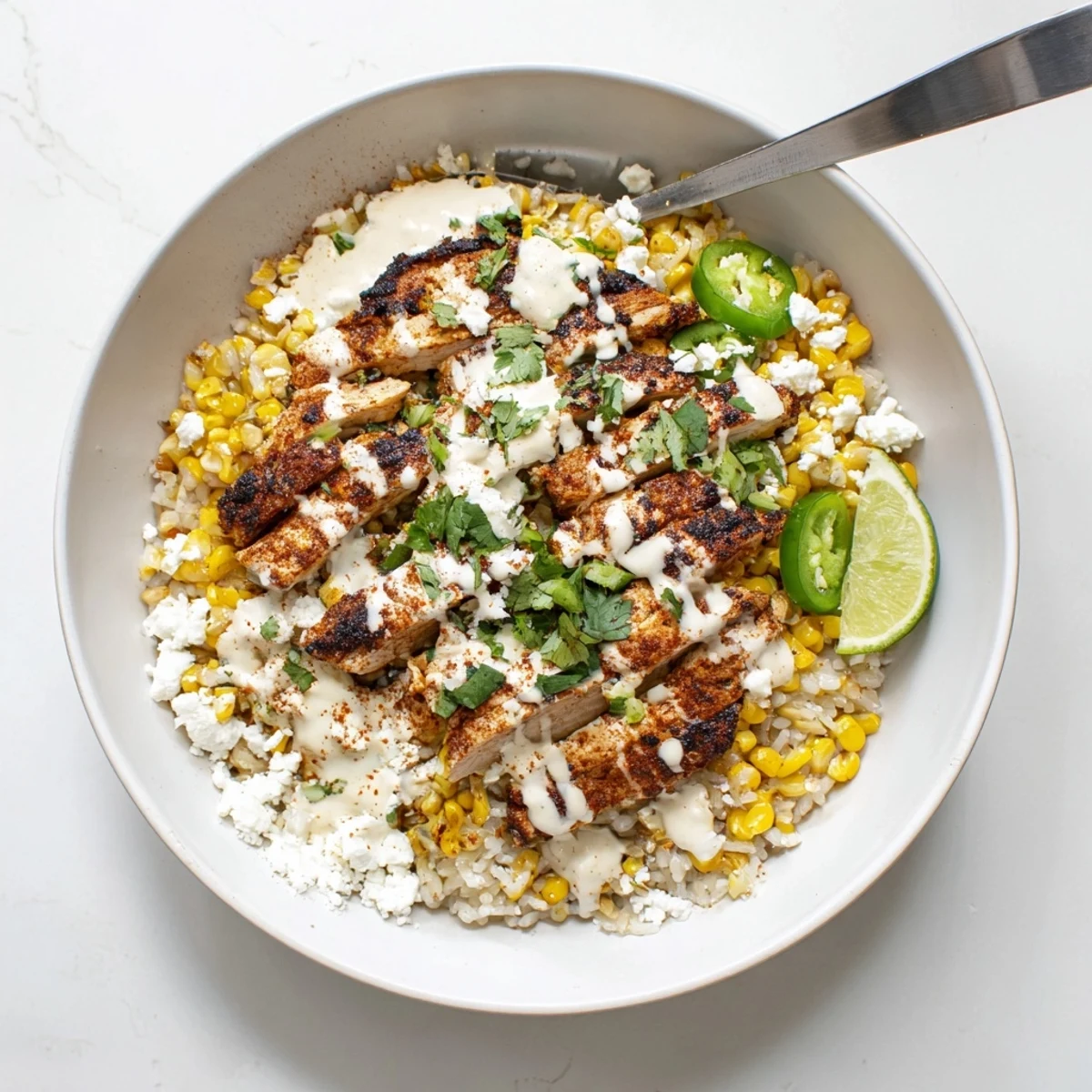 Charred corn and spiced sliced chicken layered in a colorful street corn chicken rice bowl