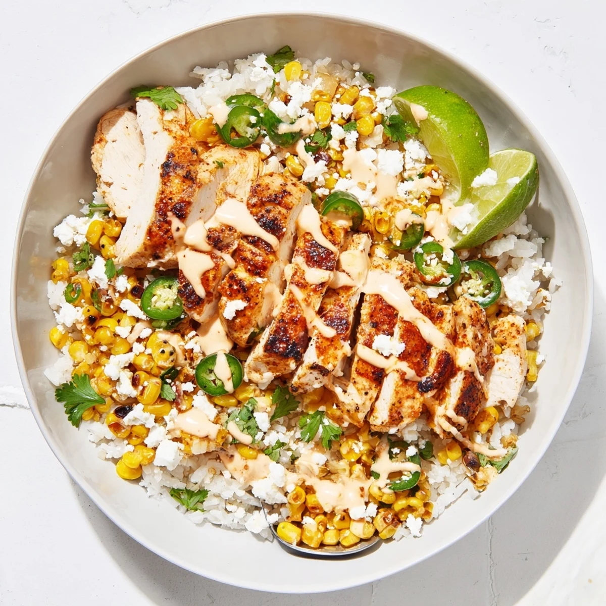 A golden street corn chicken rice bowl topped with crumbled cotija and fresh cilantro