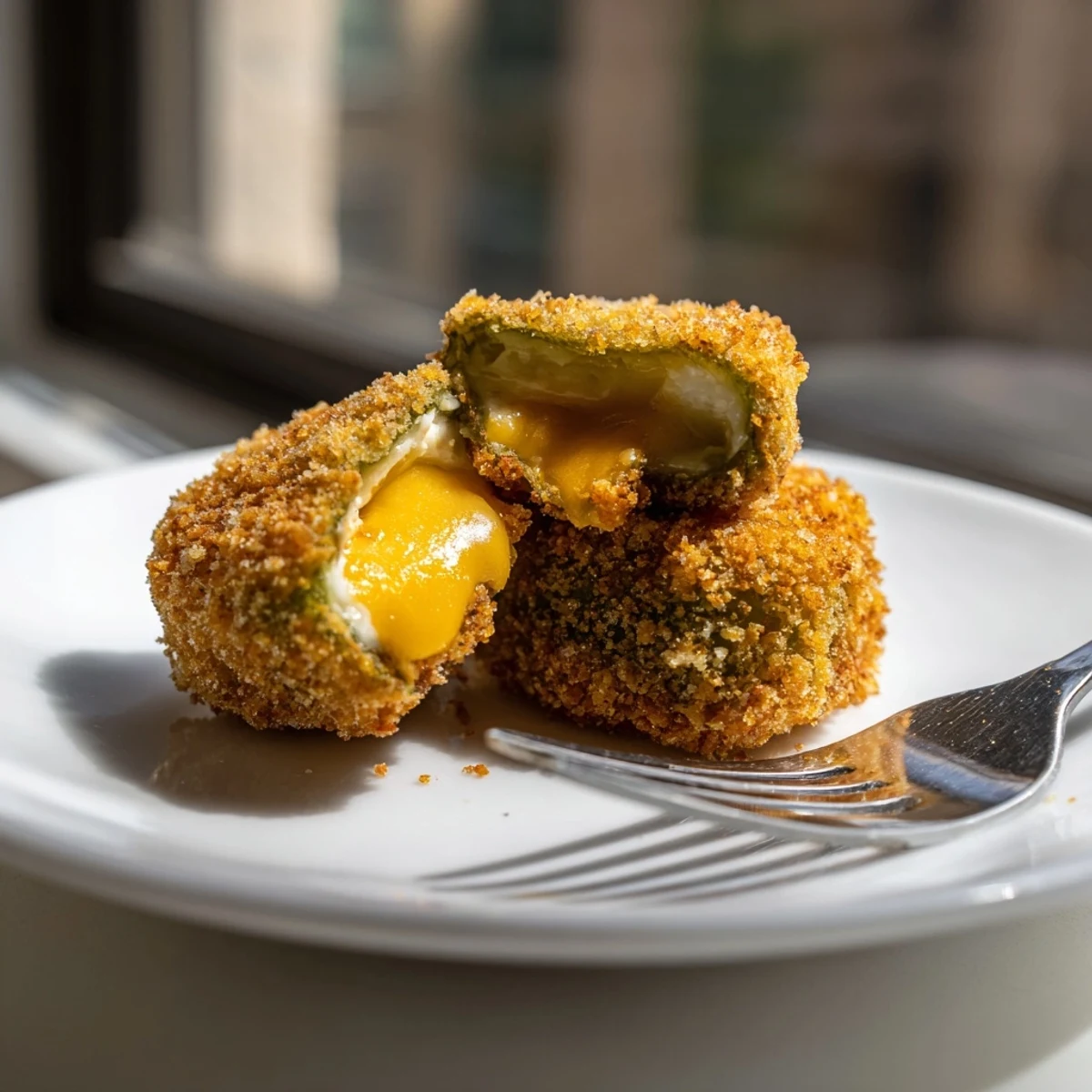 Golden crispy pickle cheese bites served warm with ranch dipping sauce