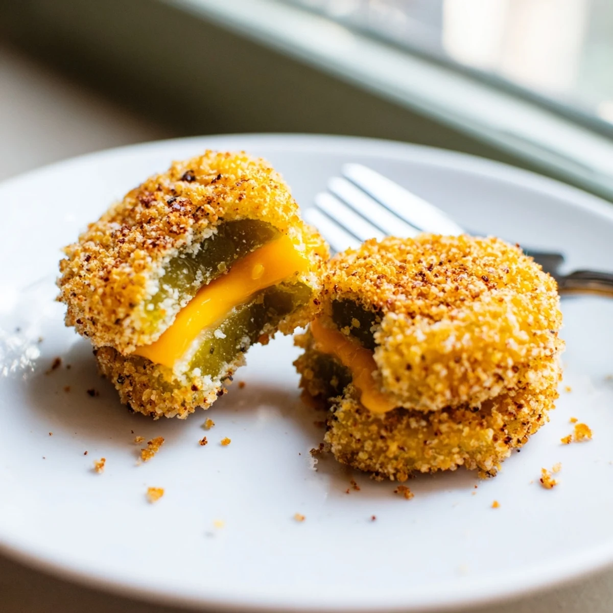 Fried crispy pickle cheese bites with gooey melted cheddar on a plate