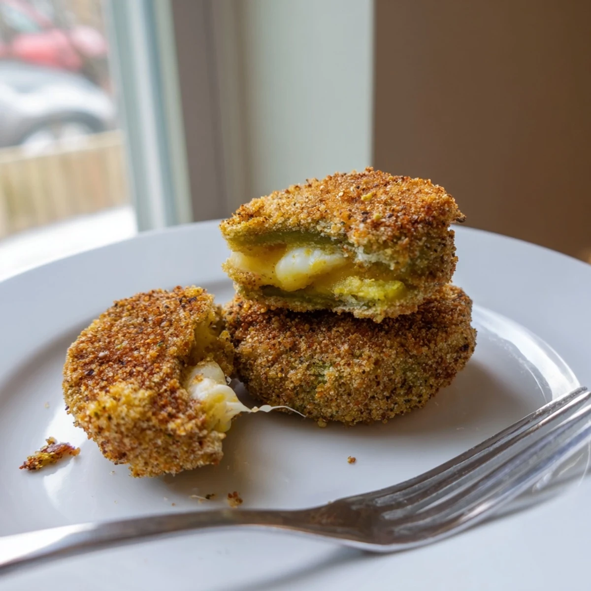 Crispy pickle cheese bites stacked high with panko crunch and tangy filling