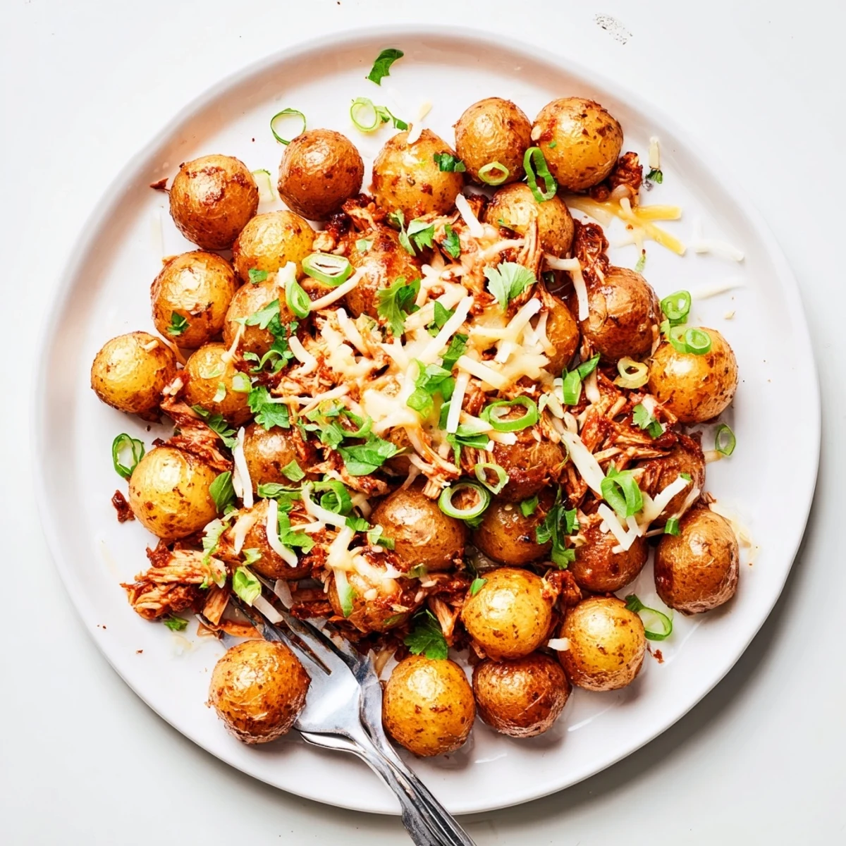 Golden roasted baby potatoes loaded with honey BBQ chicken and melted cheddar cheese