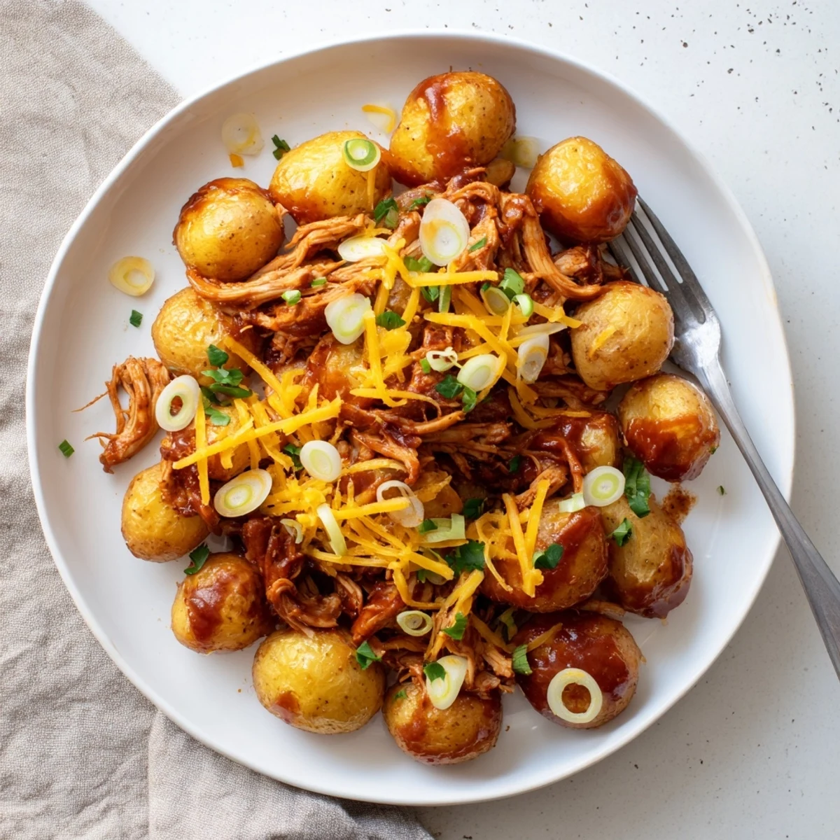 Hearty honey BBQ chicken potatoes served hot with gooey cheese and green onion