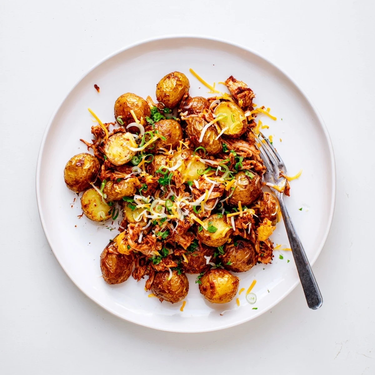 Sliced honey BBQ chicken over crispy potatoes bubbling with cheddar and fresh parsley