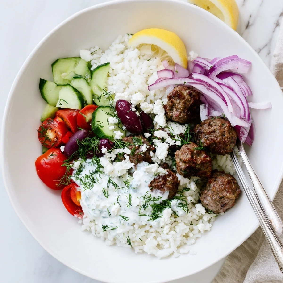 Juicy browned Greek meatball bowl topped with crumbled feta and creamy tzatziki sauce