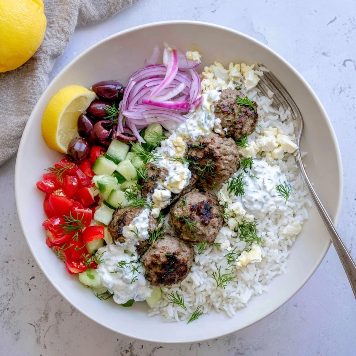 Golden pan-fried Greek meatball bowl served over rice with cherry tomatoes and olives
