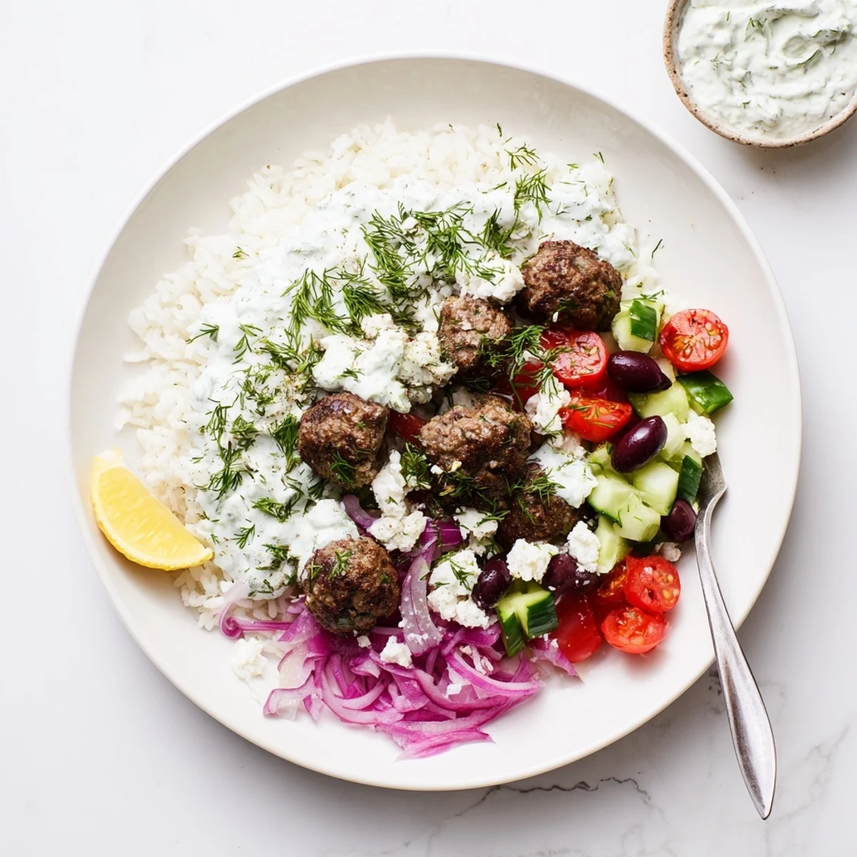 A vibrant Greek meatball bowl drizzled with tzatziki alongside a fresh lemon wedge