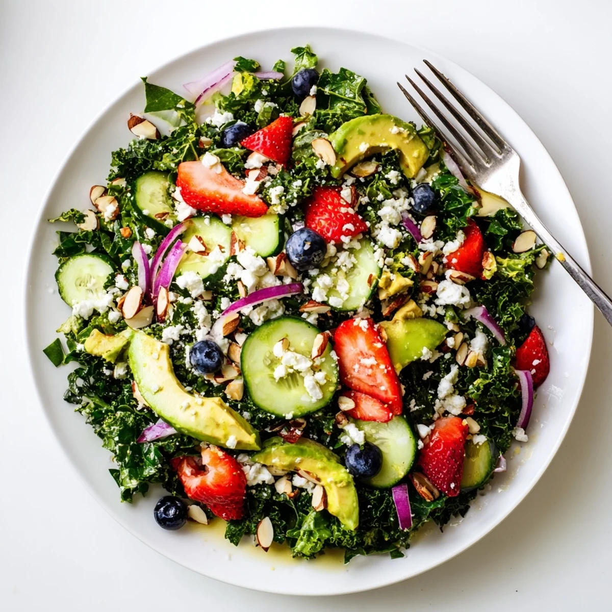 A colorful summer kale salad topped with fresh berries, creamy avocado, and toasted almonds drizzled with lemon-honey dressing.