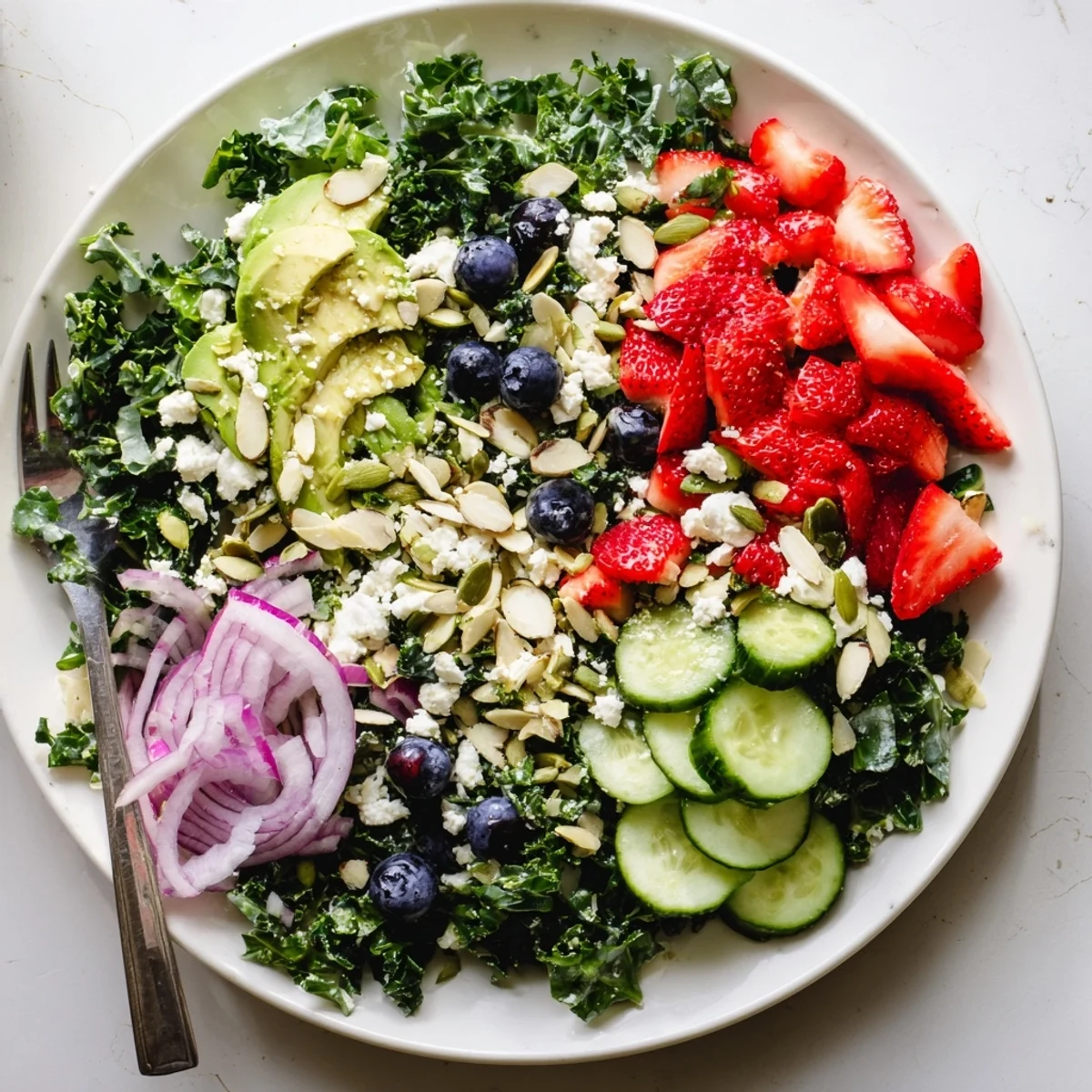 Vibrant summer kale salad bowl filled with ripe fruit, sliced cucumber, and crunchy almonds ready to serve.