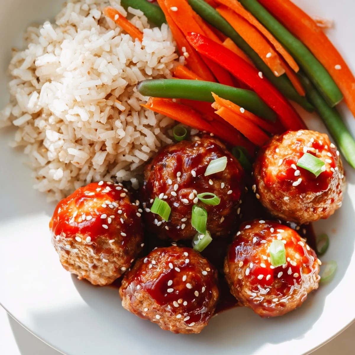 Hello Fresh Firecracker Meatballs glazed in sticky fiery sauce over jasmine rice.