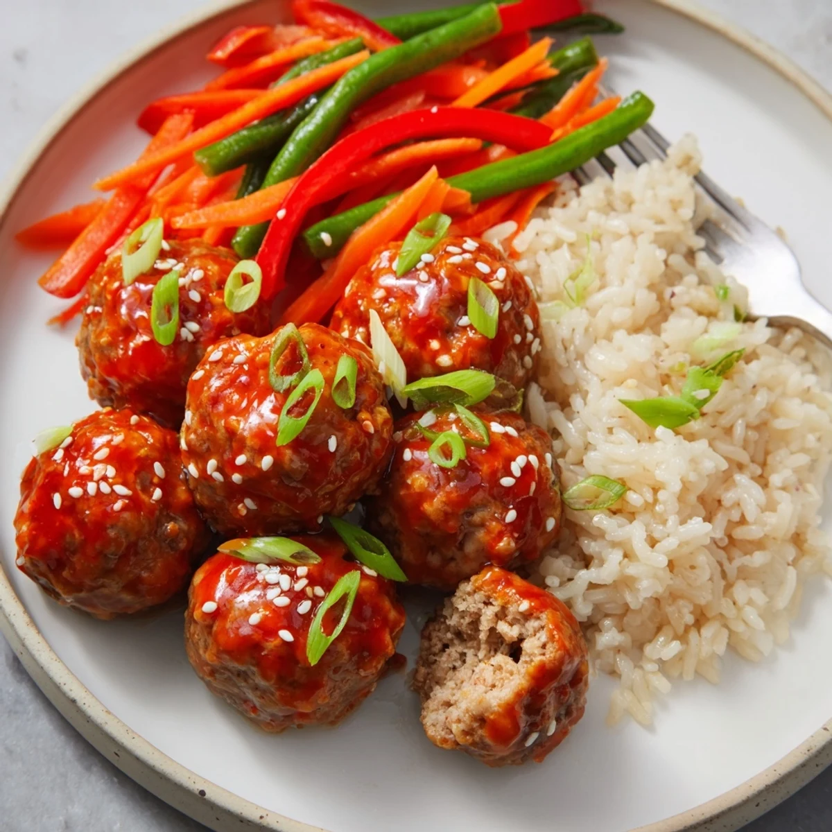 Pan-browned Hello Fresh Firecracker Meatballs tossed with honey-sriracha glaze and scallions.