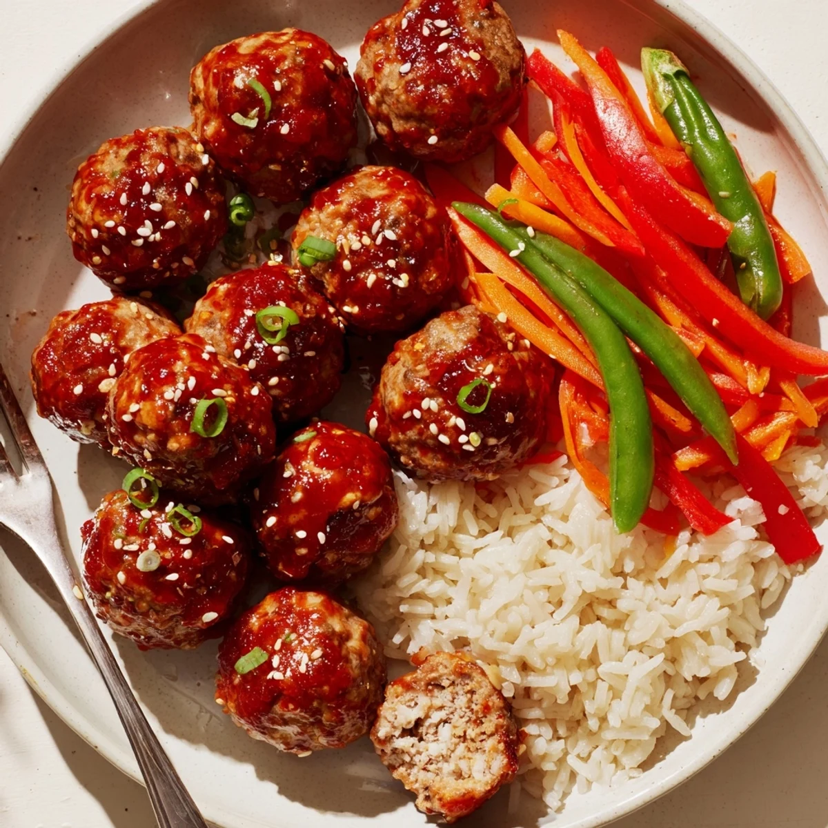 Family-style Hello Fresh Firecracker Meatballs served with fluffy rice and sesame seeds.