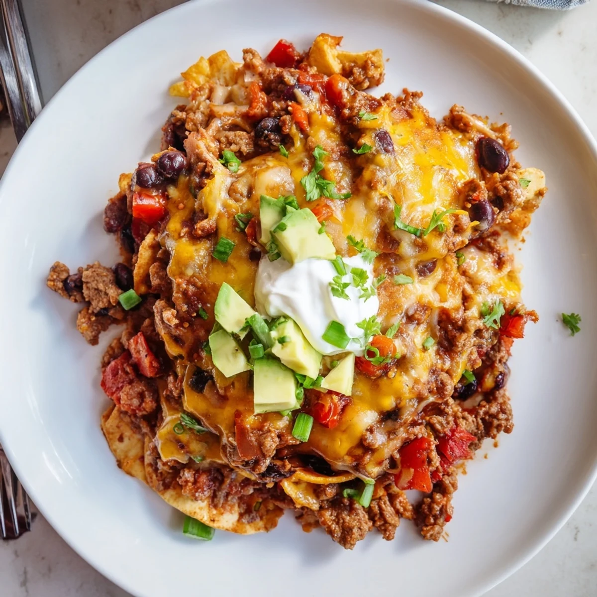 One-pan Beef Skillet Enchiladas steaming, corn tortillas folded under zesty sauce