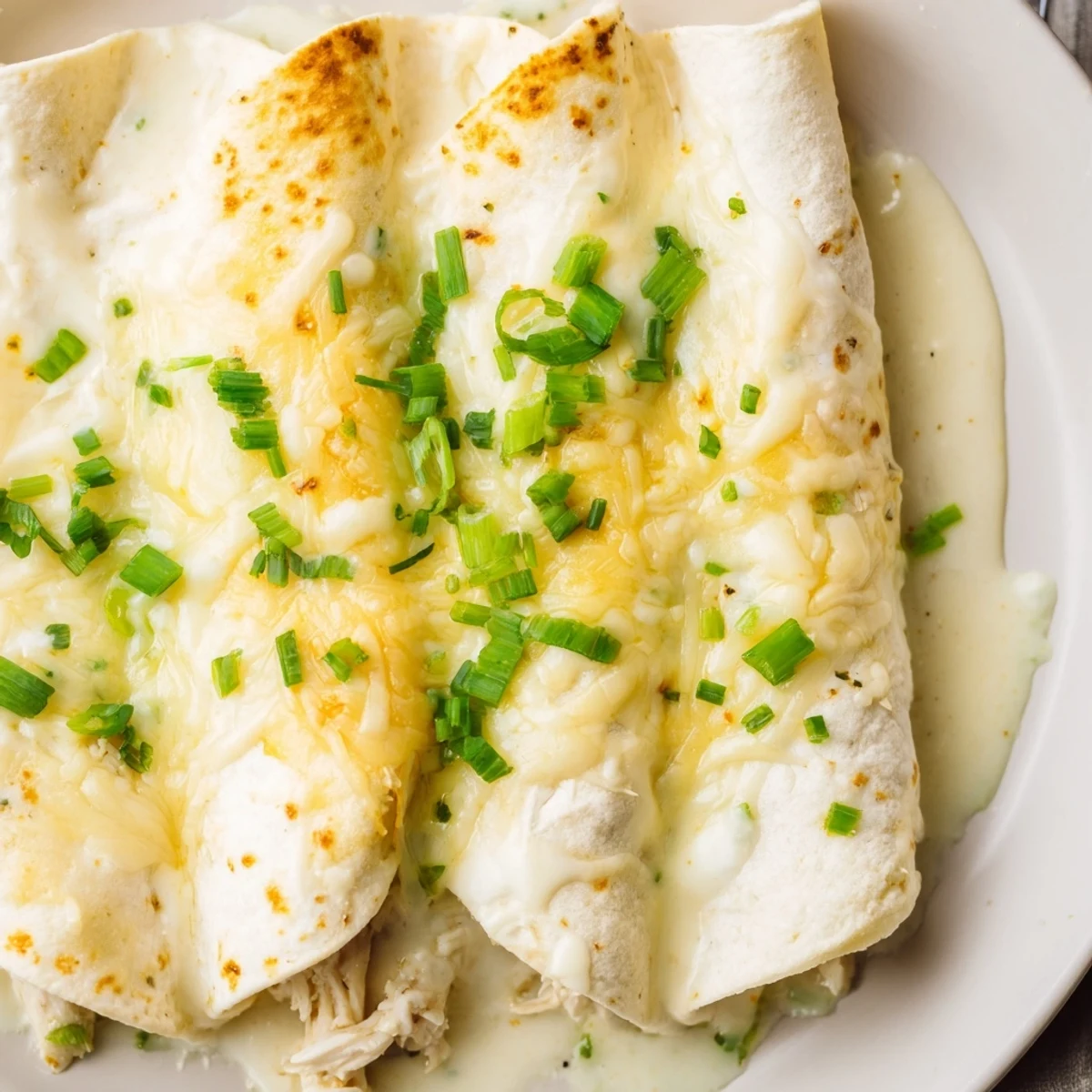 Creamy White Chicken Enchiladas bubbling with golden cheese, garnished with chopped cilantro.