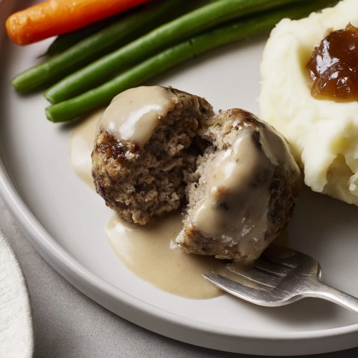 Skillet of Homemade Ikea Meatballs simmering gently, buttery crust and warm sauce