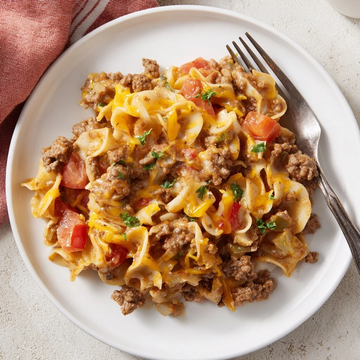 Golden-topped Beef Noodle Casserole steaming in dish, served with garlic bread.