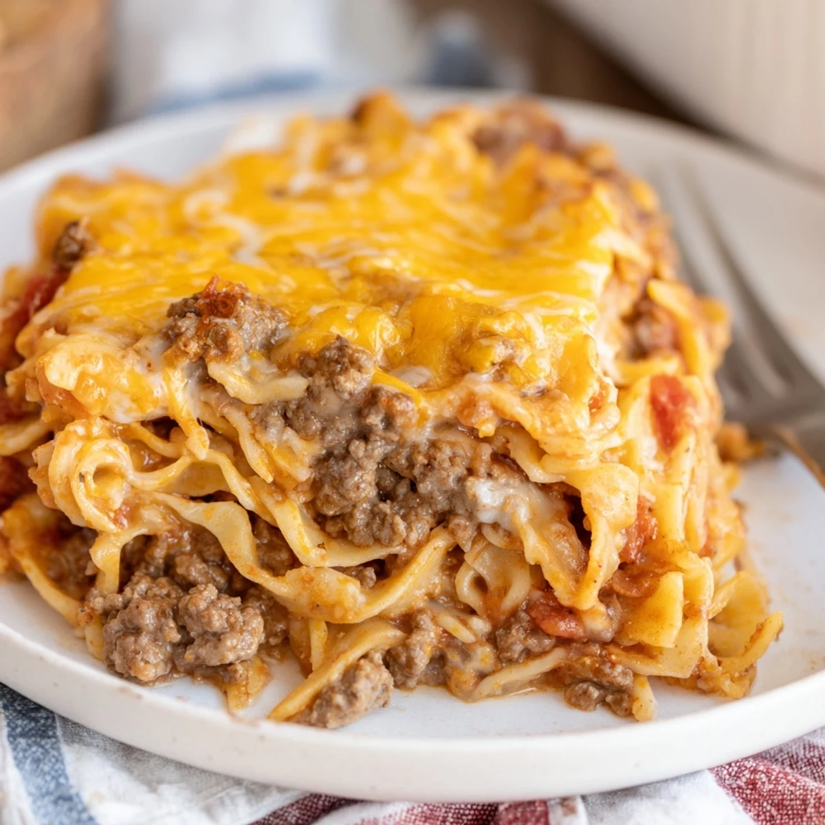 Beef Lombardi Casserole bubbling golden with melted cheddar, served hot, steamy