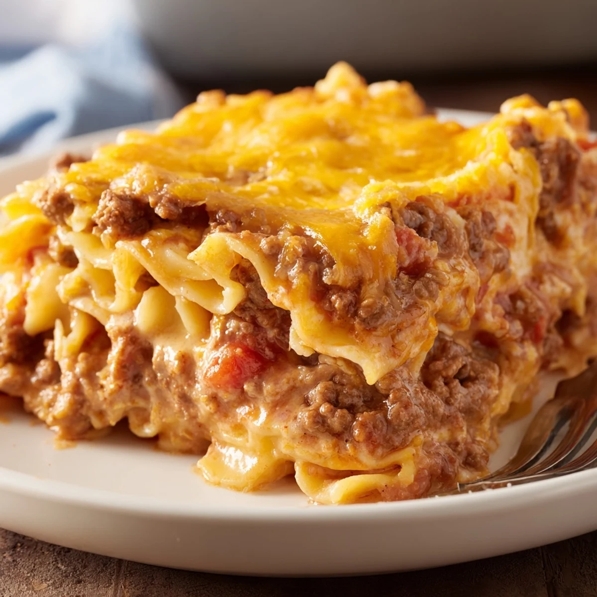 Family-style Beef Lombardi Casserole browned on top, tomato aroma, ready to spoon