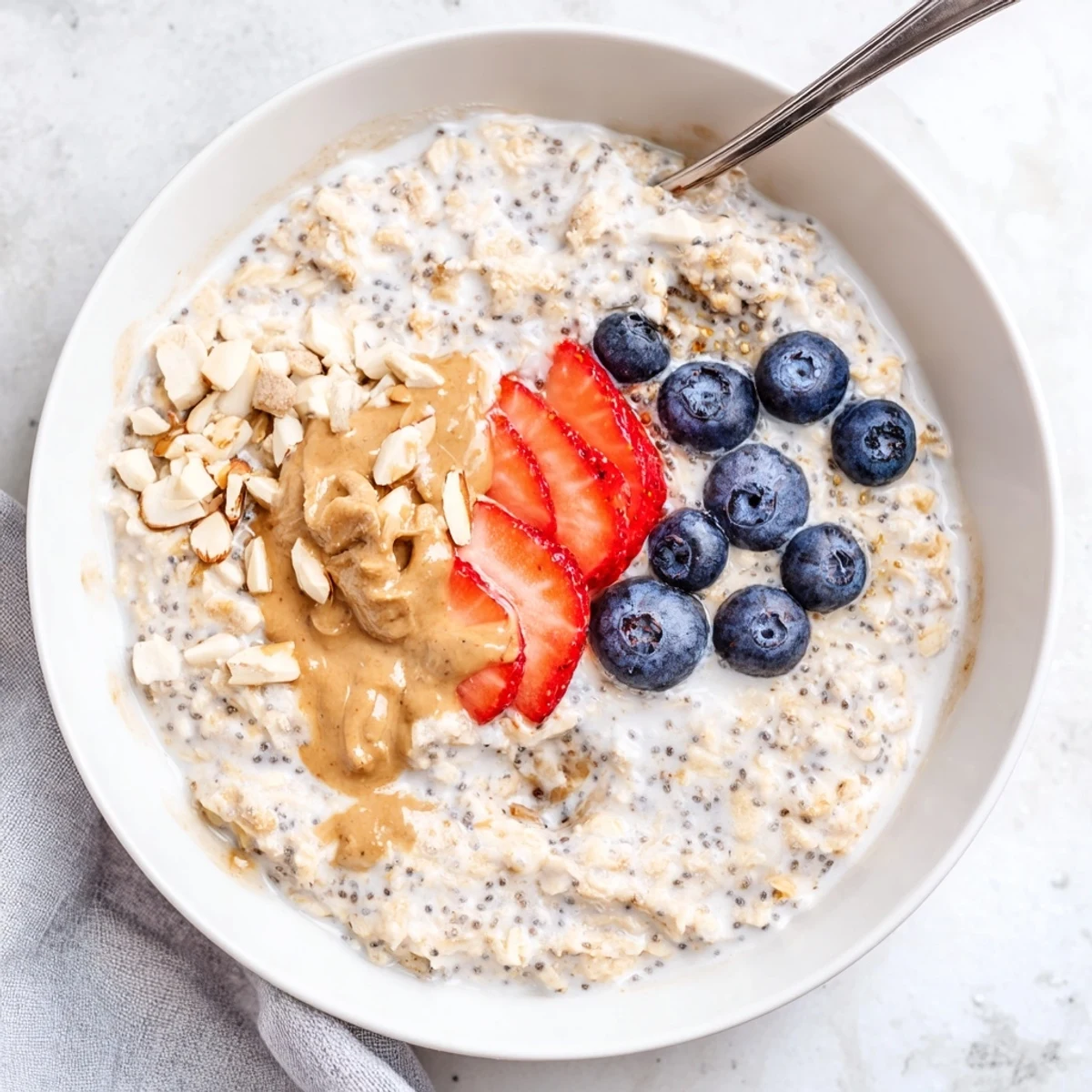 Jar of Protein Overnight Oats chilling in fridge, spoon ready to stir