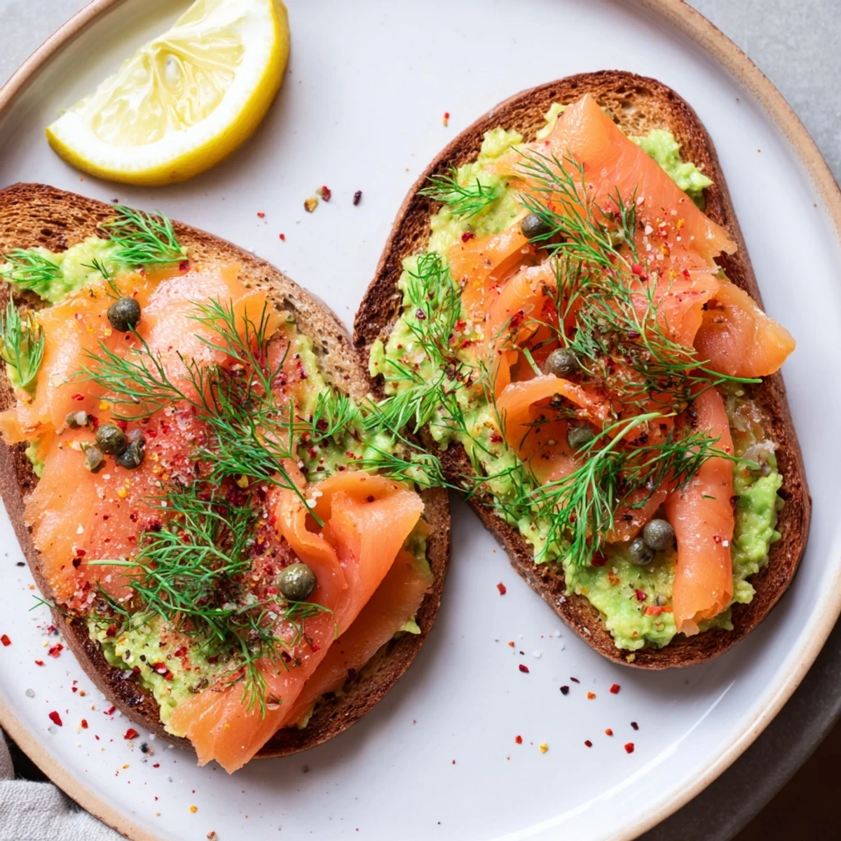 Salmon Avocado Toast on toasted sourdough, creamy spread and silky salmon.