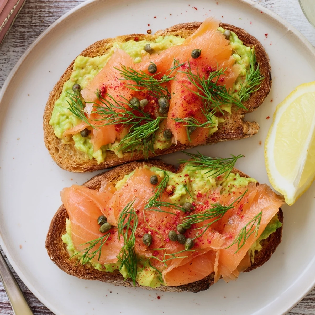 Bright Salmon Avocado Toast topped with capers, dill, lemon wedge for brunch.