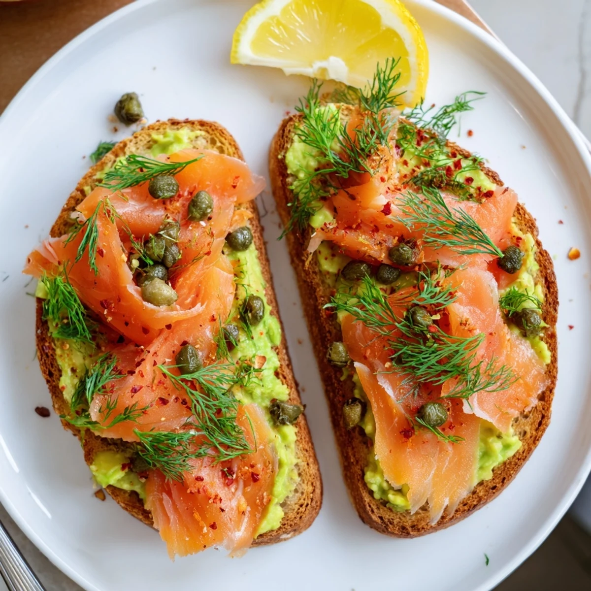 Open faced Salmon Avocado Toast drizzled with olive oil, flaky salt, pepper.
