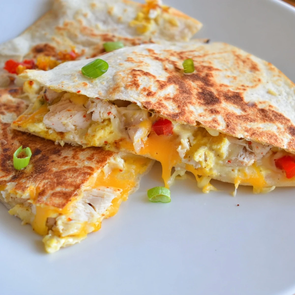 Sliced Chicken Breakfast Quesadilla served hot with avocado slices and zesty salsa