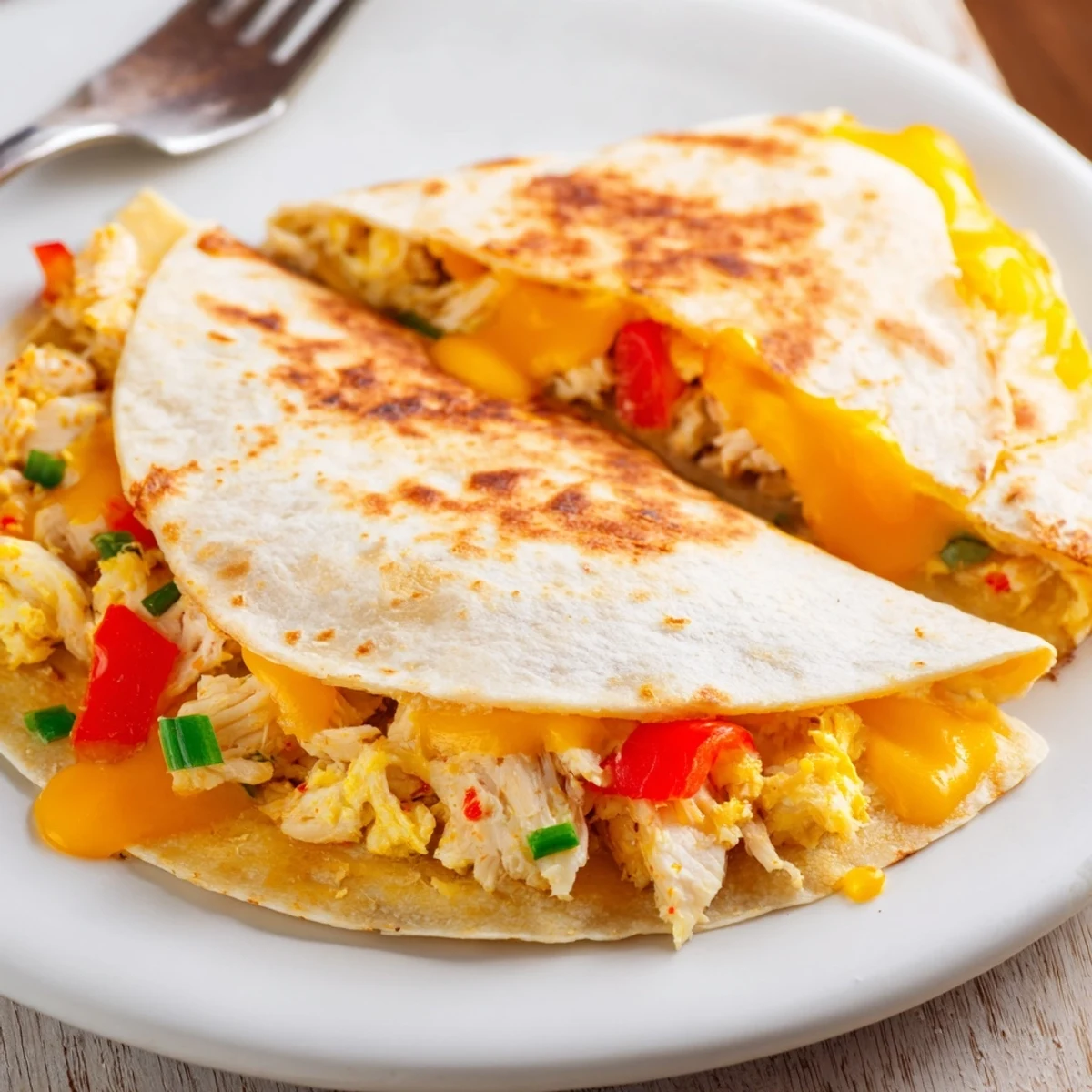 Golden, crispy Chicken Breakfast Quesadilla filled with melty cheese and scrambled eggs