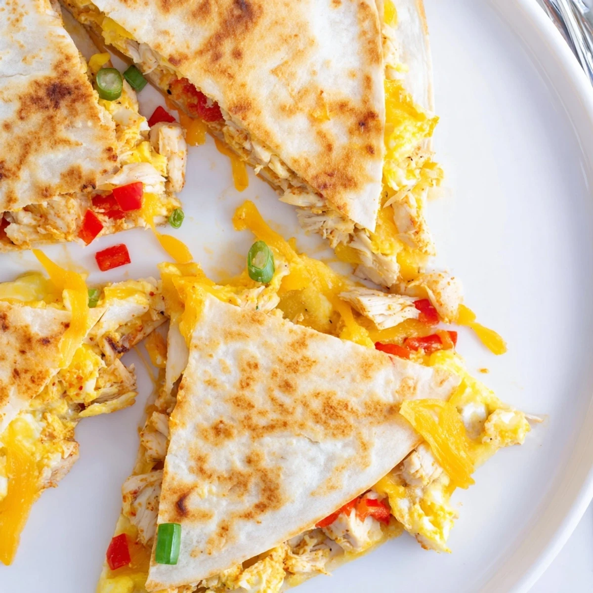 Pan-toasted Chicken Breakfast Quesadilla bursting with tender chicken, melted cheddar, and scallions