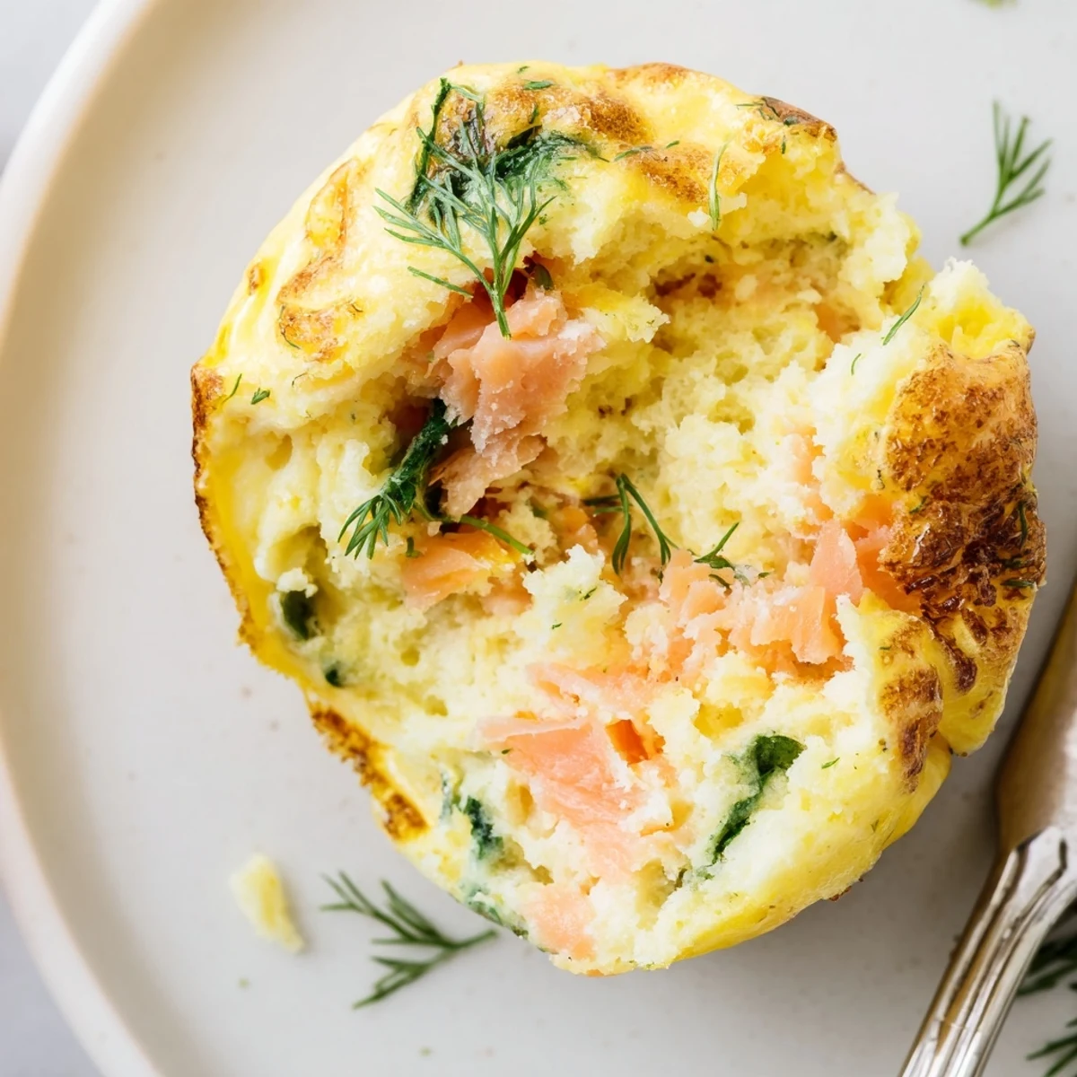 Smoked Salmon Egg Muffins with golden tops, flaky salmon, and fresh dill