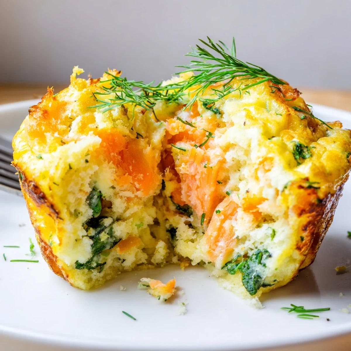 Warm Smoked Salmon Egg Muffins, cheesy interior, served with lemon wedge