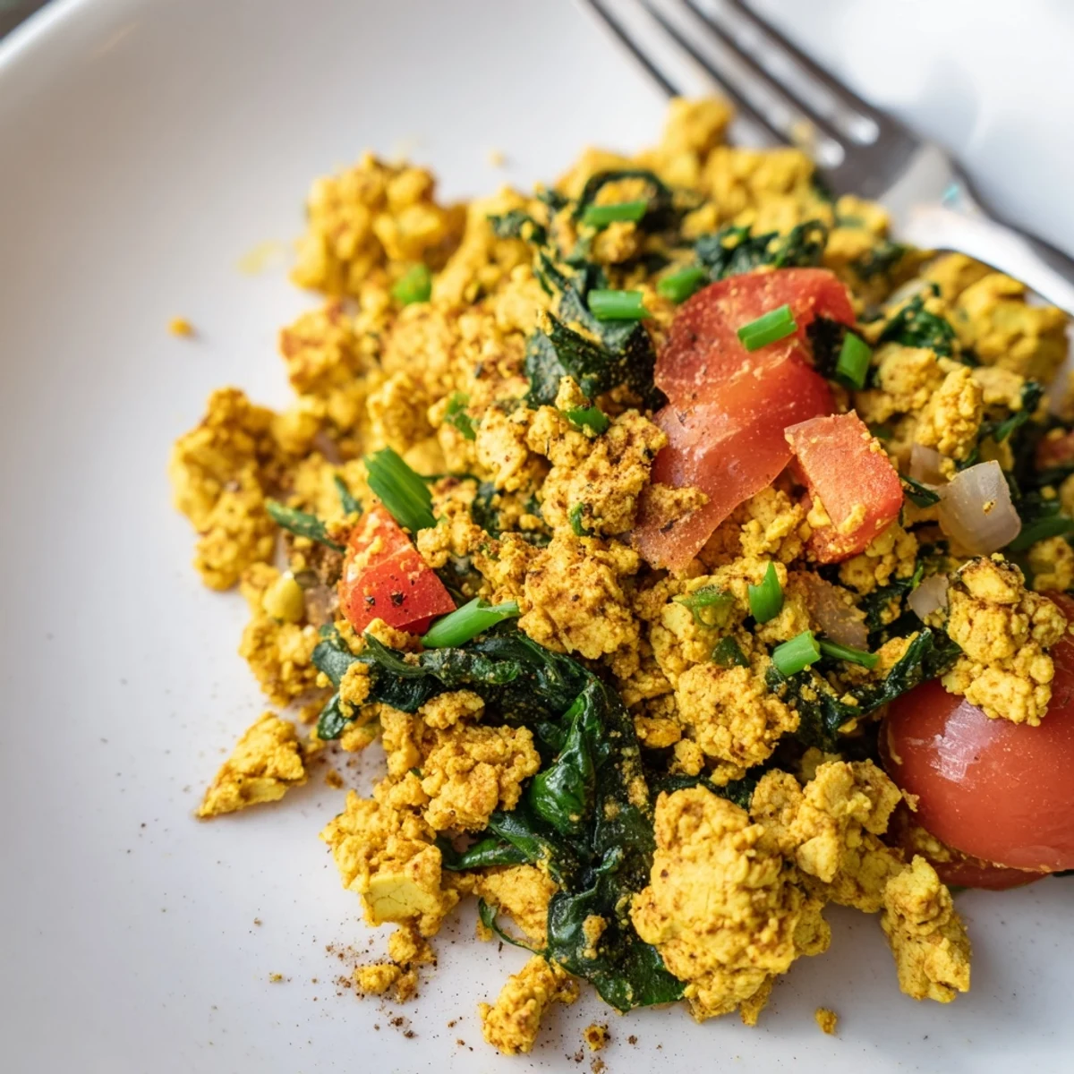 Tofu scramble steaming in skillet with turmeric-golden curds and wilted spinach