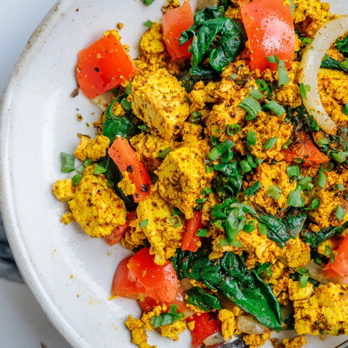 Bright tofu scramble tossed with bell pepper, tomato, and fresh chives