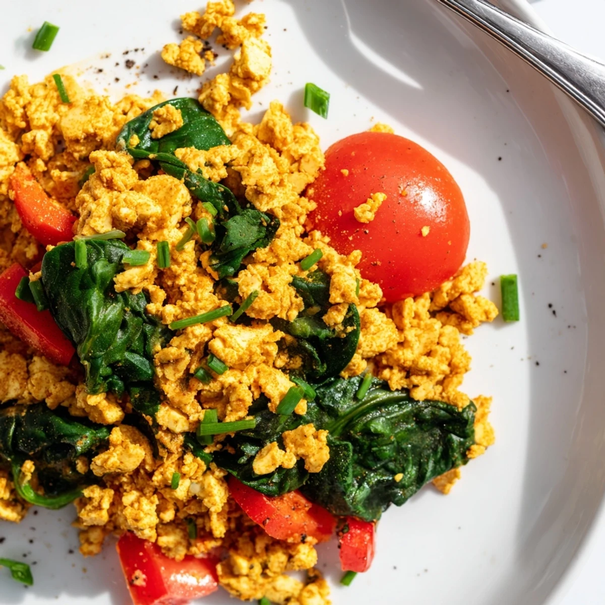 A hearty tofu scramble served on toast with creamy avocado slices