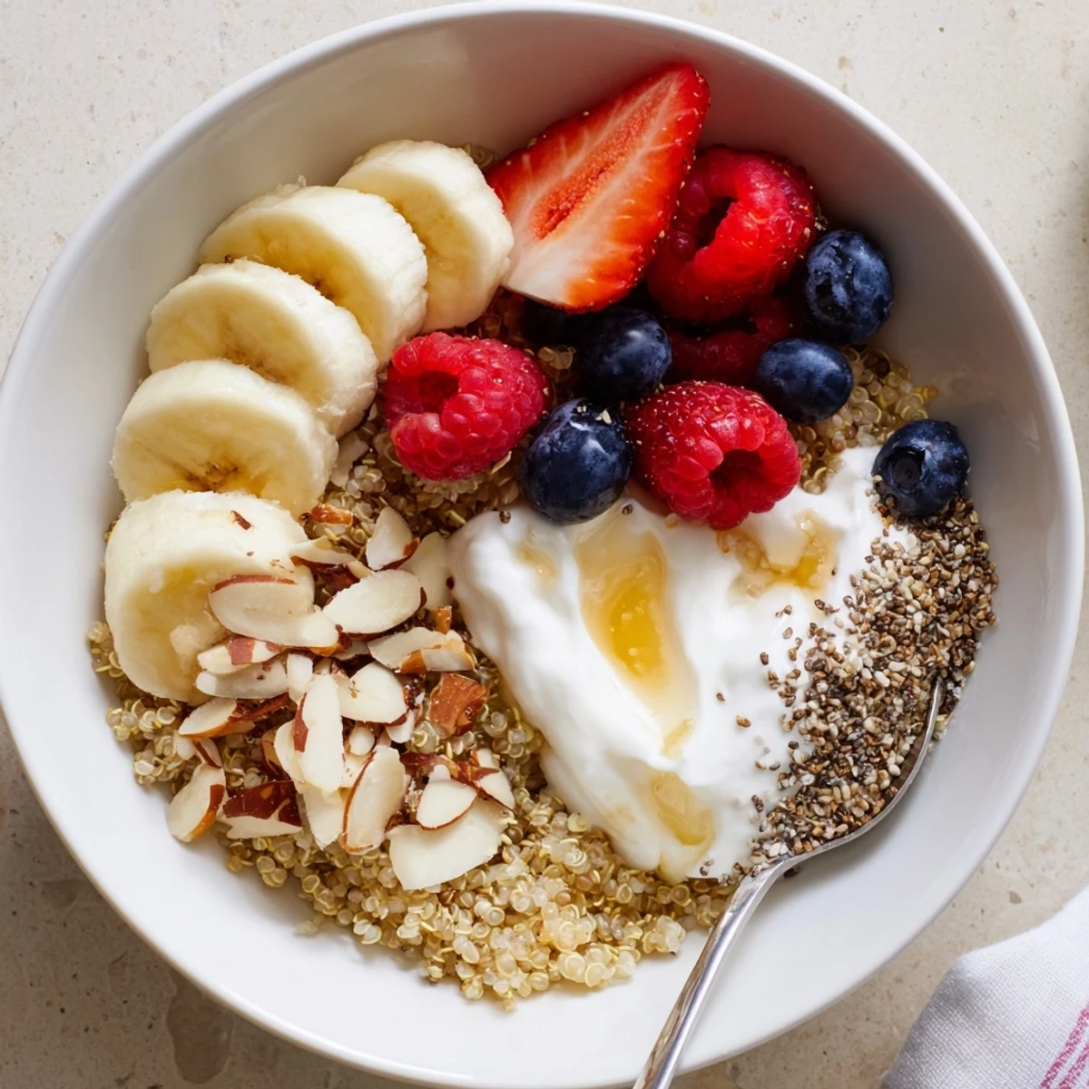 Quinoa Breakfast Bowl with fluffy grains, creamy yogurt, warm honey drizzle
