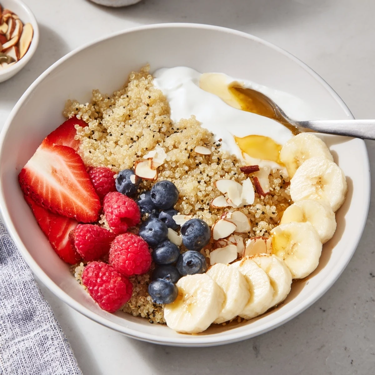 Hearty Quinoa Breakfast Bowl served warm, aromatic cinnamon, chia seeds sprinkled