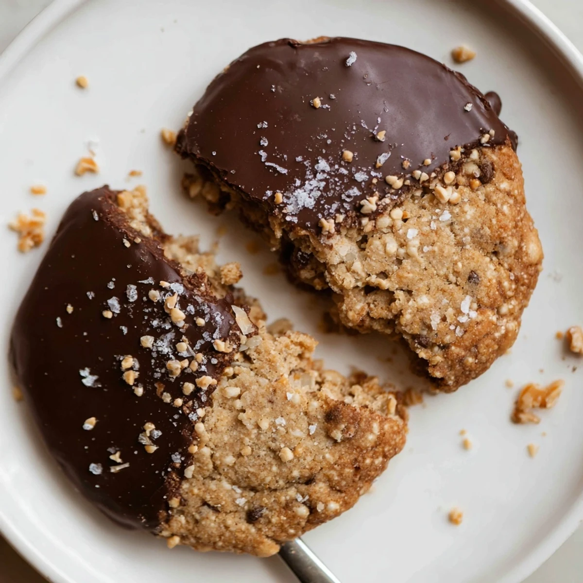 Chocolate Dipped Toffee Cookies on parchment, glossy chocolate and crunchy toffee bites