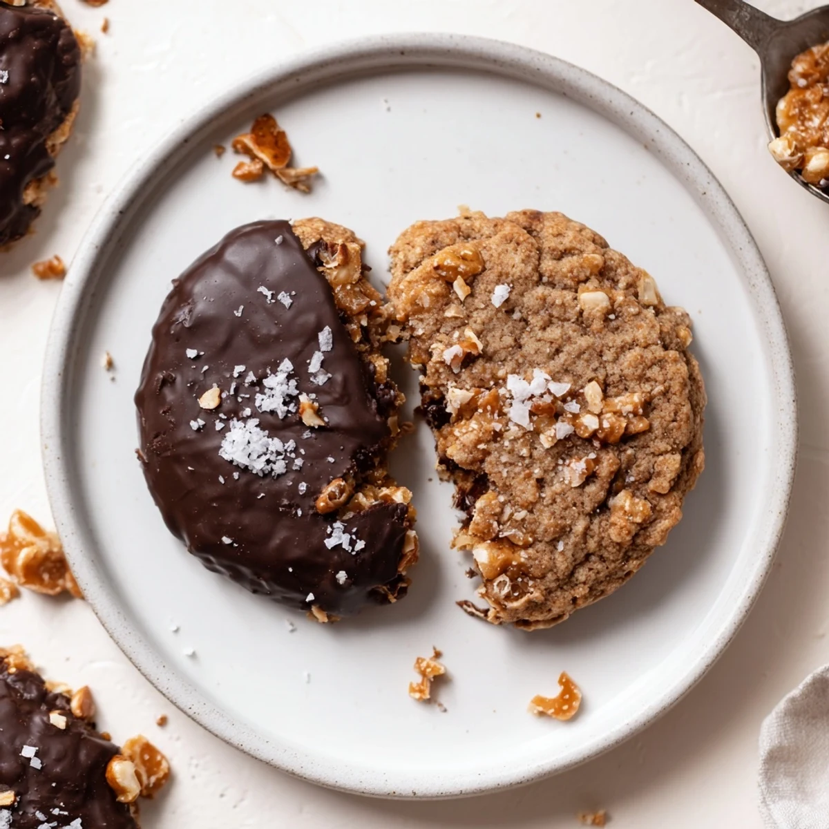 Plate of Chocolate Dipped Toffee Cookies beside coffee, partially dipped, sprinkled nuts