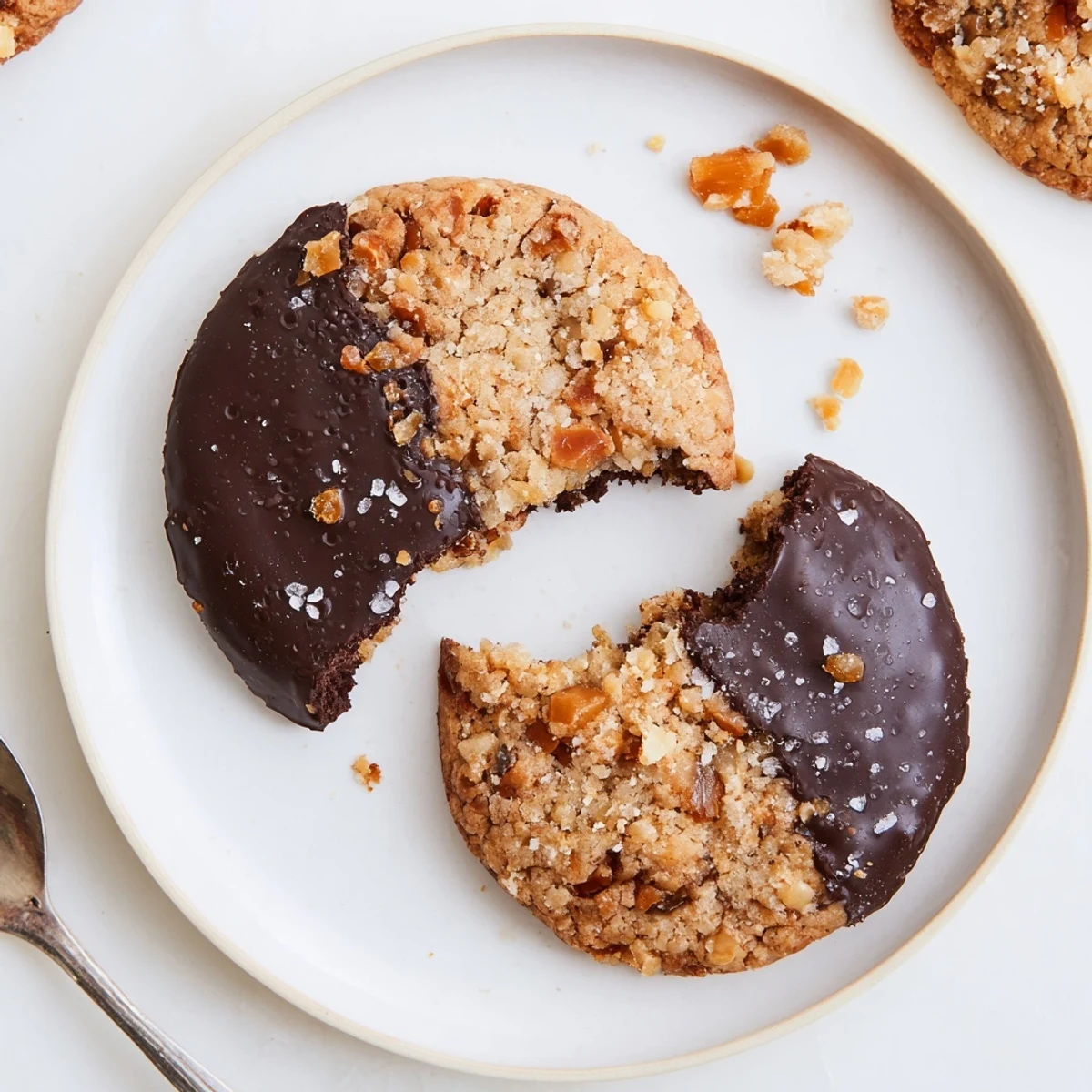 Warm Chocolate Dipped Toffee Cookies stacked on a plate, buttery aroma