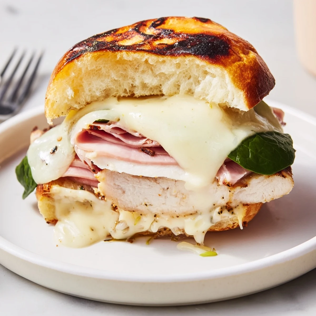 Stacked Grilled Chicken Cordon Bleu Sandwich oozing Dijon sauce, crisp spinach