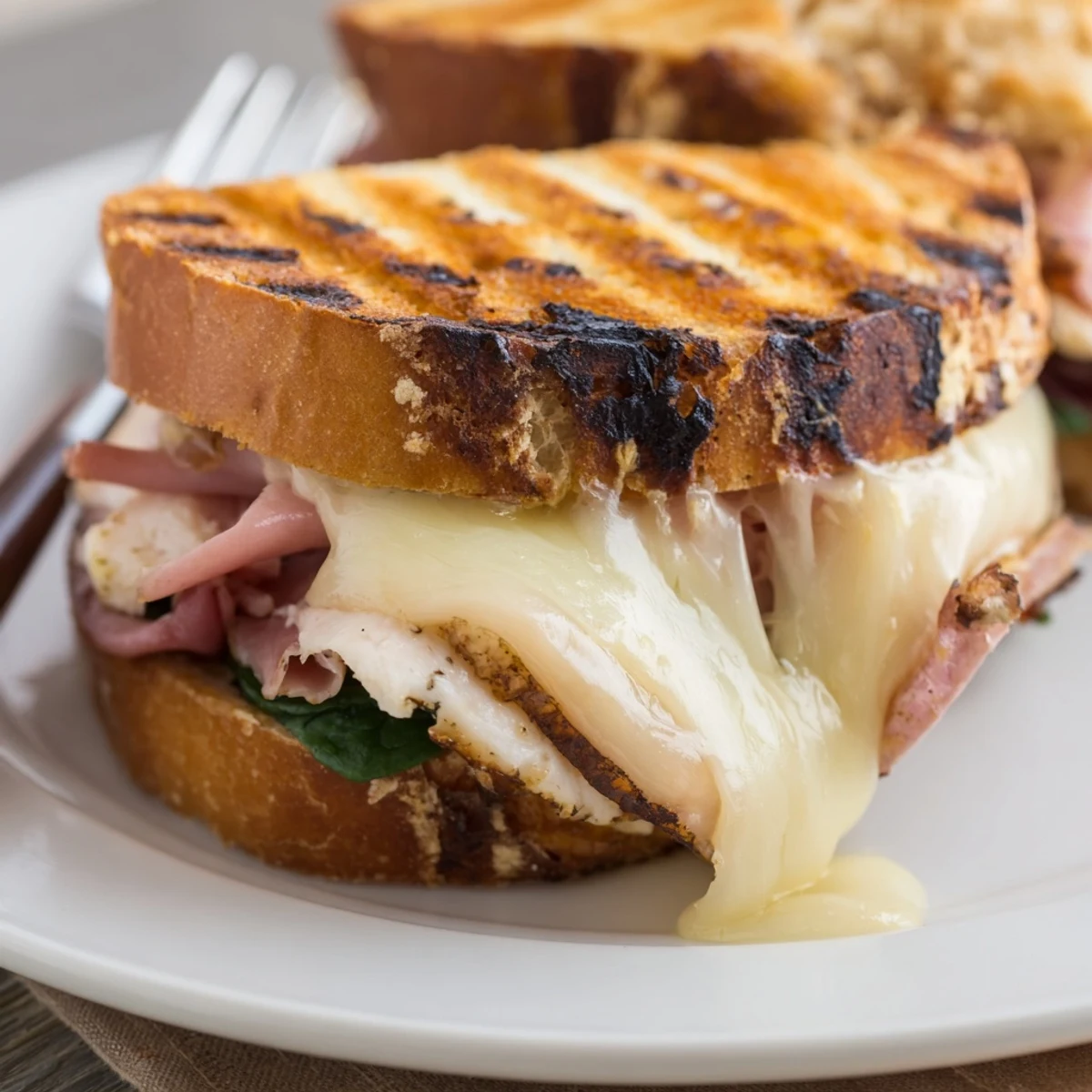 Grilled Chicken Cordon Bleu Sandwich with melty Swiss, smoky ham, toasted brioche