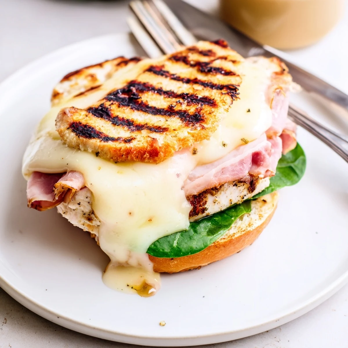 Juicy Grilled Chicken Cordon Bleu Sandwich served hot with Dijon honey sauce