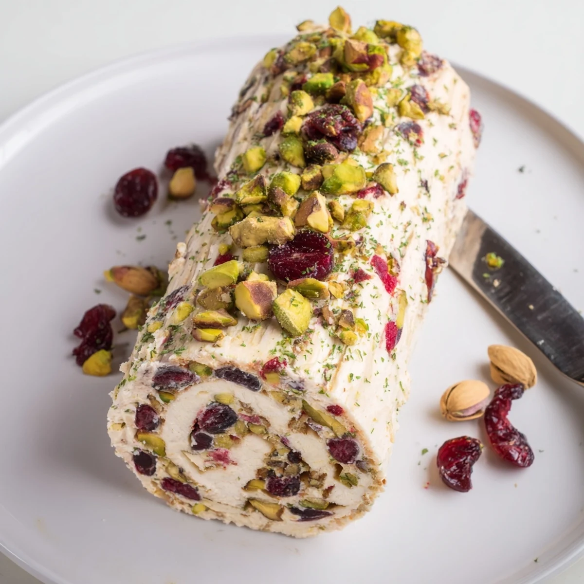 Cranberry Pistachio Cheese Log rolled in crunchy nuts, served with crackers.