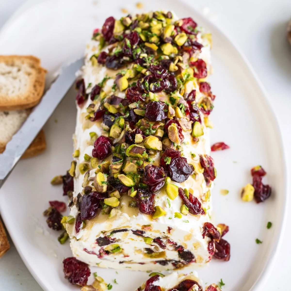 A chilled Cranberry Pistachio Cheese Log studded with sweet cranberries, bright chives.