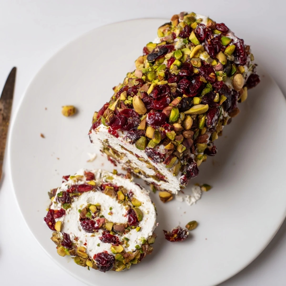Slice of Cranberry Pistachio Cheese Log on baguette, creamy tang and crunch.