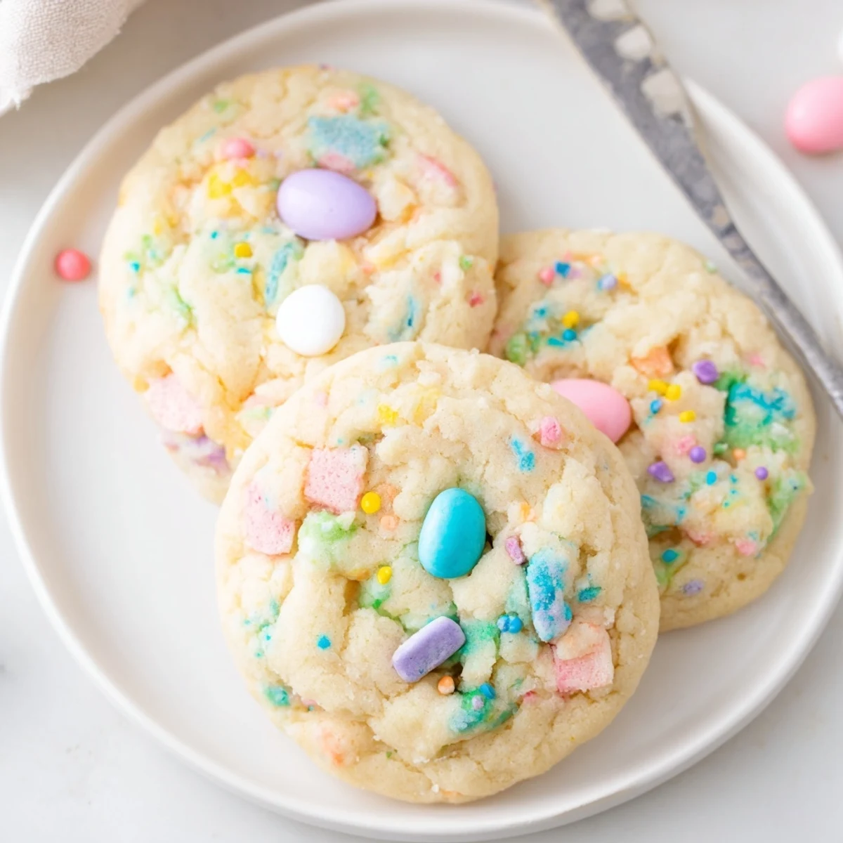 Plate of warm Easter Funfetti Cookies with melting pastel candies.