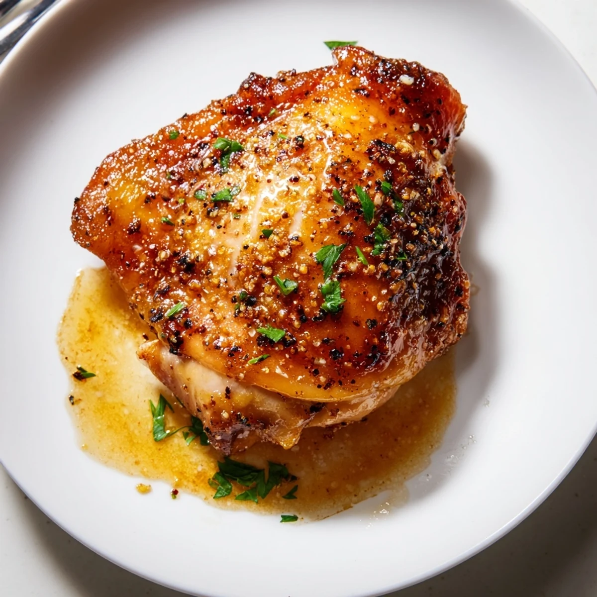 Maple Glazed Chicken Thighs sizzling golden, sticky glaze and roasted parsley garnish