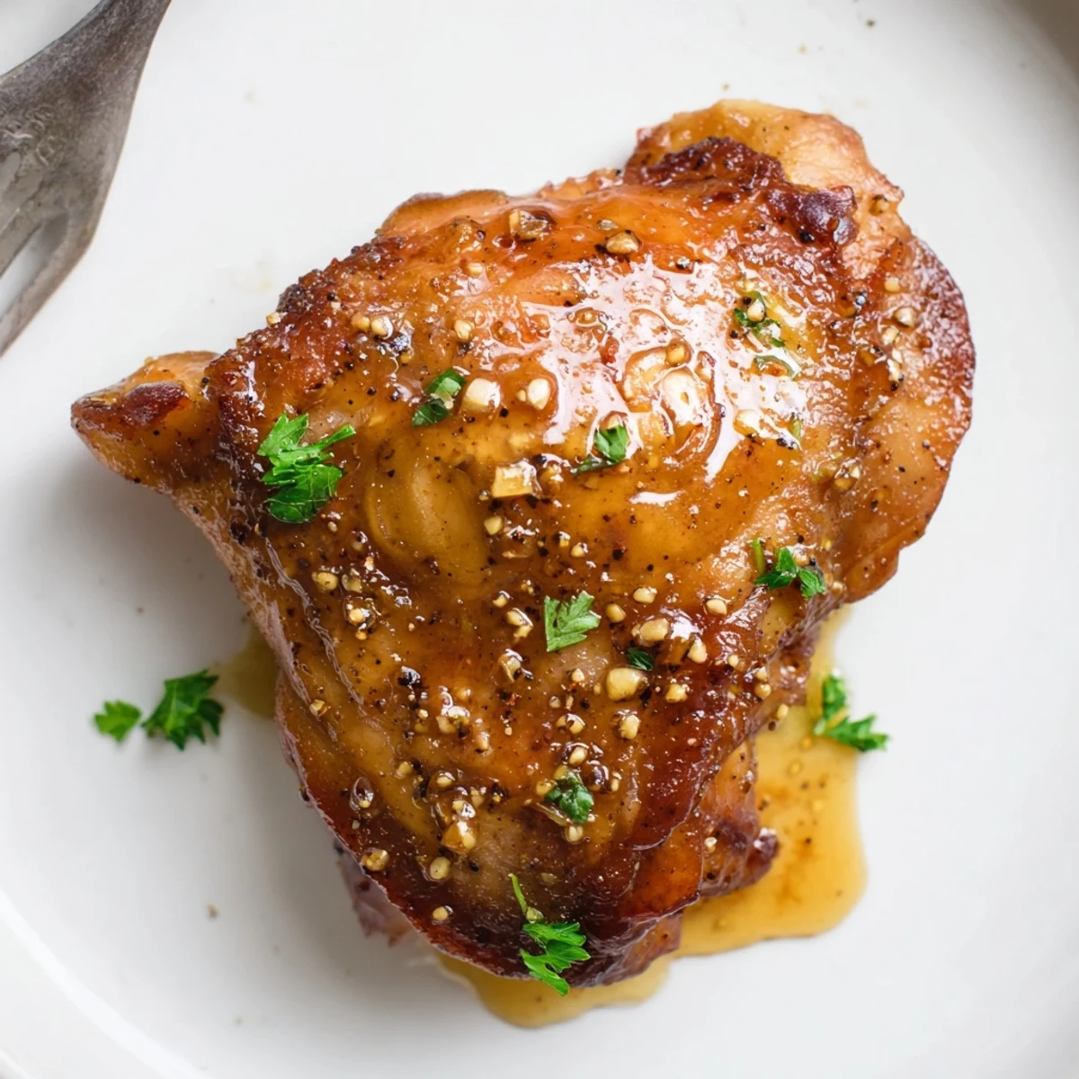 Tender roasted chicken slices drizzled with maple, a close-up of Maple Glazed Chicken Thighs