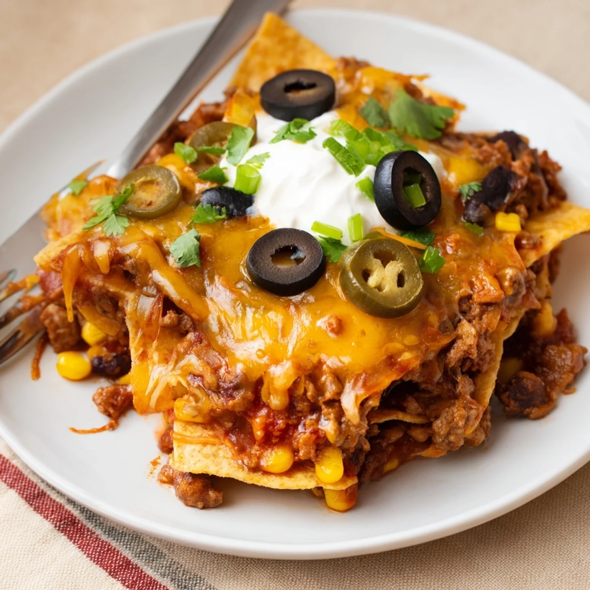 Cheesy Nacho Casserole bubbling golden with melted cheddar, tortilla chips, cilantro.